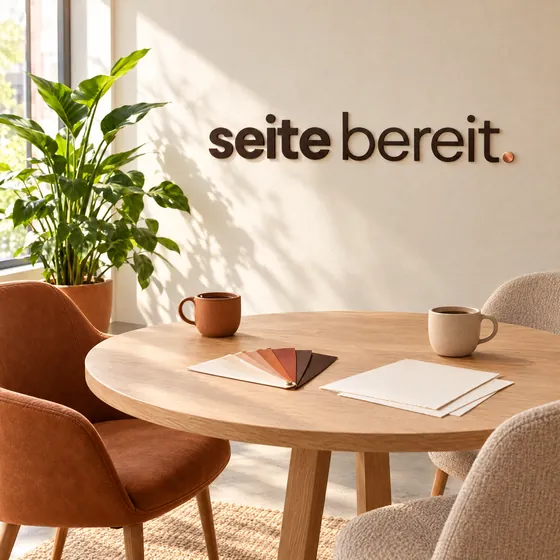 Besprechungstisch im Büro von Seite bereit, an der Wand das Logo