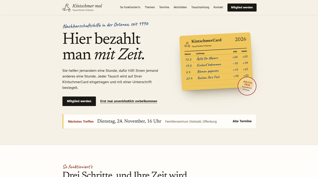Die neue Startseite: Überschrift Hier bezahlt man mit Zeit, daneben die gelbe KintschmerCard mit eingetragenen Tauschgeschäften und darunter das nächste Treffen.