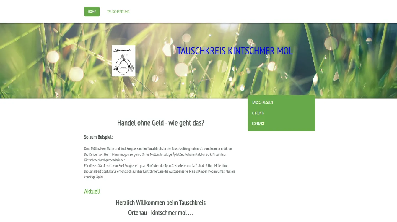 Die alte Startseite: Baukasten-Seite mit Grasfoto, kleinem Logo und viel Fließtext.