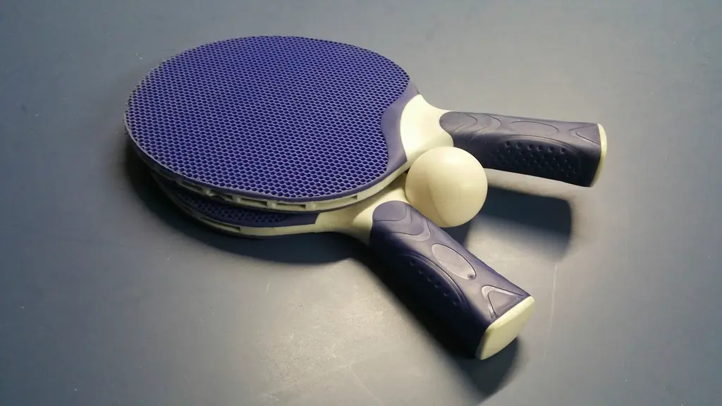 Zwei Tischtennisschläger und ein Ball auf einer Platte