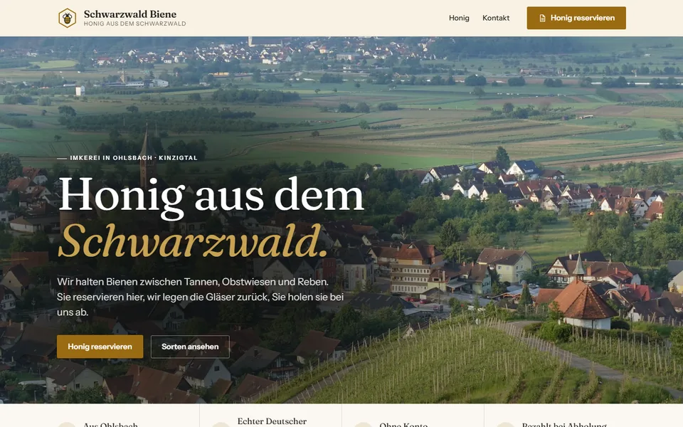 Startseite von Schwarzwald Biene: großes Foto von Ohlsbach mit der Überschrift Honig aus dem Schwarzwald.