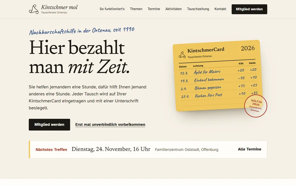 Startseite des Tauschkreis Ortenau: Überschrift Hier bezahlt man mit Zeit und die gelbe KintschmerCard.