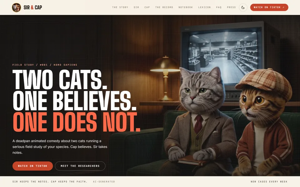 Startseite von Sir & Cap: zwei animierte Katzen im Tweed-Sakko und mit Schiebermütze vor einem alten Fernseher, daneben die Überschrift Two cats. One believes. One does not.